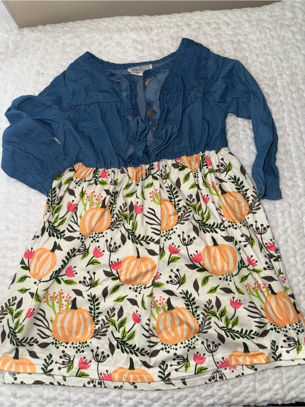 Girls Blue Chambray Top with Pumpkin Print Skirt Dress